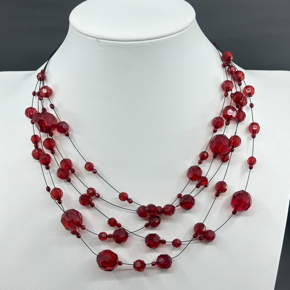 Red Faceted Bead Multi Strand Necklace Black Wire Layered Y2K Statement Jewelry